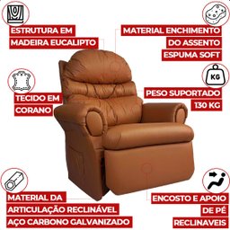 Poltrona do Papai Reclinavel Atlas Corino Conforto Caramelo Sala Quarto - Arkell - 6