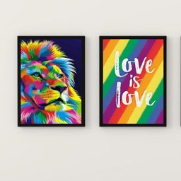 Kit 2 Quadros Leão Colorido Love Is Love 45x34cm:Madeira preta - 2