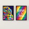 Kit 2 Quadros Leão Colorido Love Is Love 45x34cm:Madeira preta - 2
