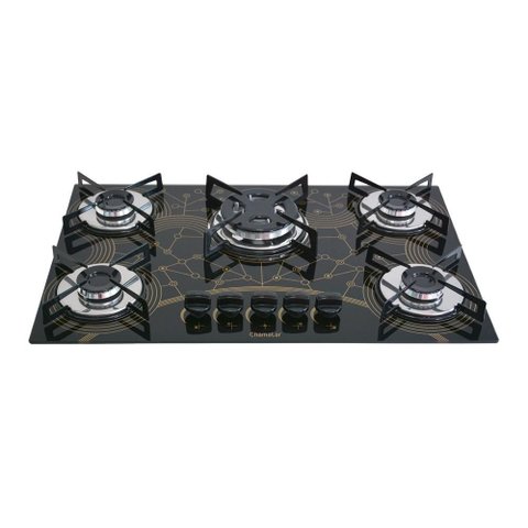 Cooktop Chamalar Bivolt Premium 5 Bocas Tripla Chama Gás Vidro Temperado Preto Mesclado