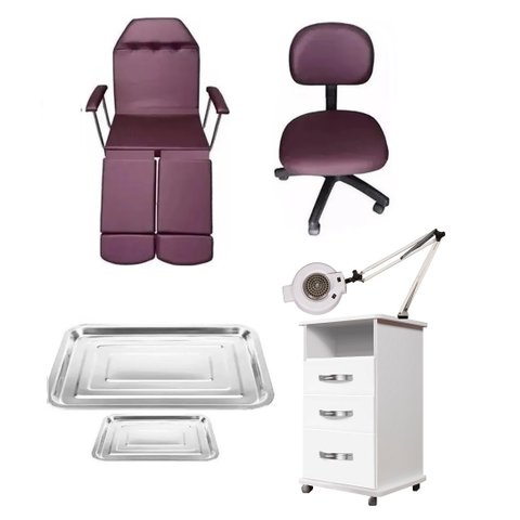 Kit Cadeira Podologia Mecânica Mocho Armário 3 Gavetas Luminária com Exaustor Brinde Bandejas Fiscom