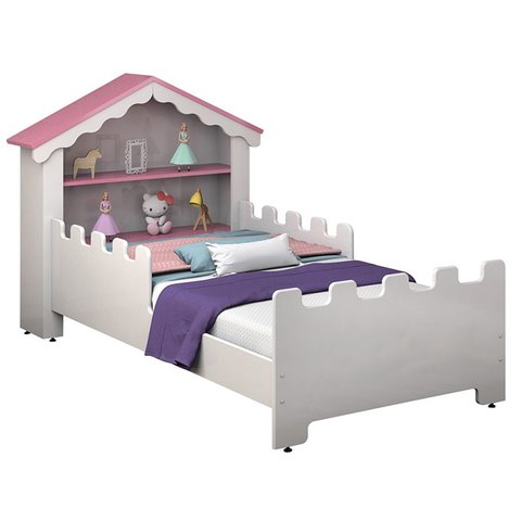 Cama Infantil Magia Quarto da Criança com Grade de Proteção Casinha Prateleiras Cor Branco/rosa