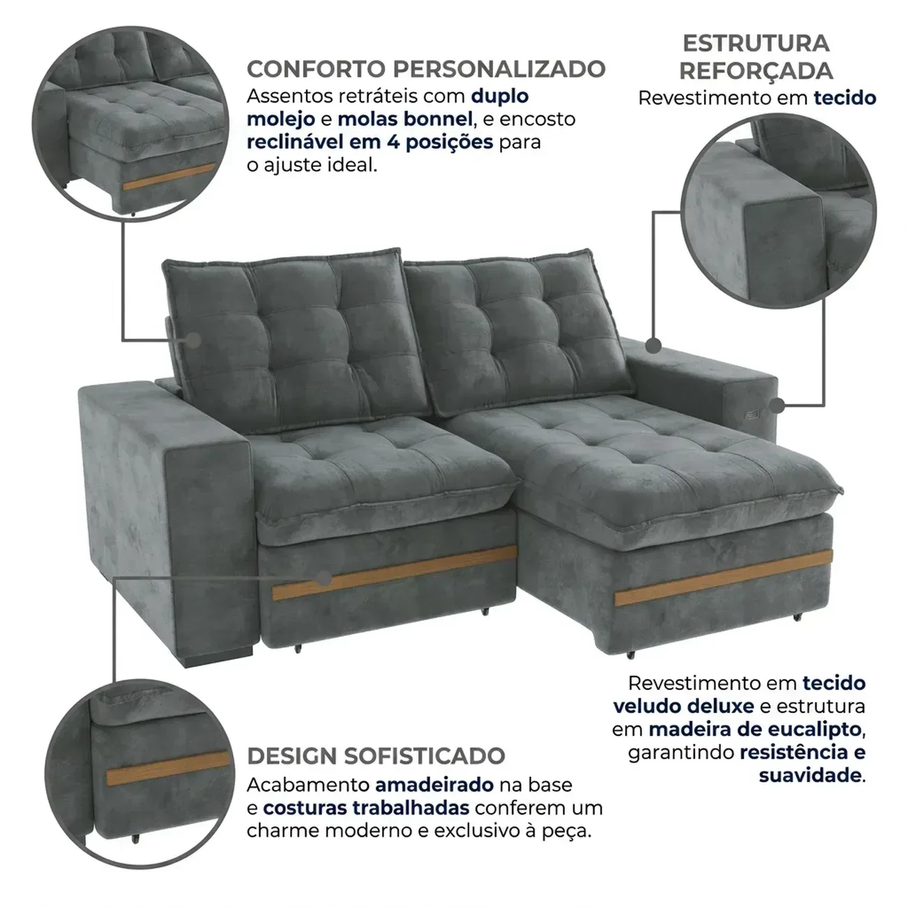 Ver imagem 4 de Sofá Retrátil e Reclinável 2 Lugares Vitto 230cm em Veludo Titânio
