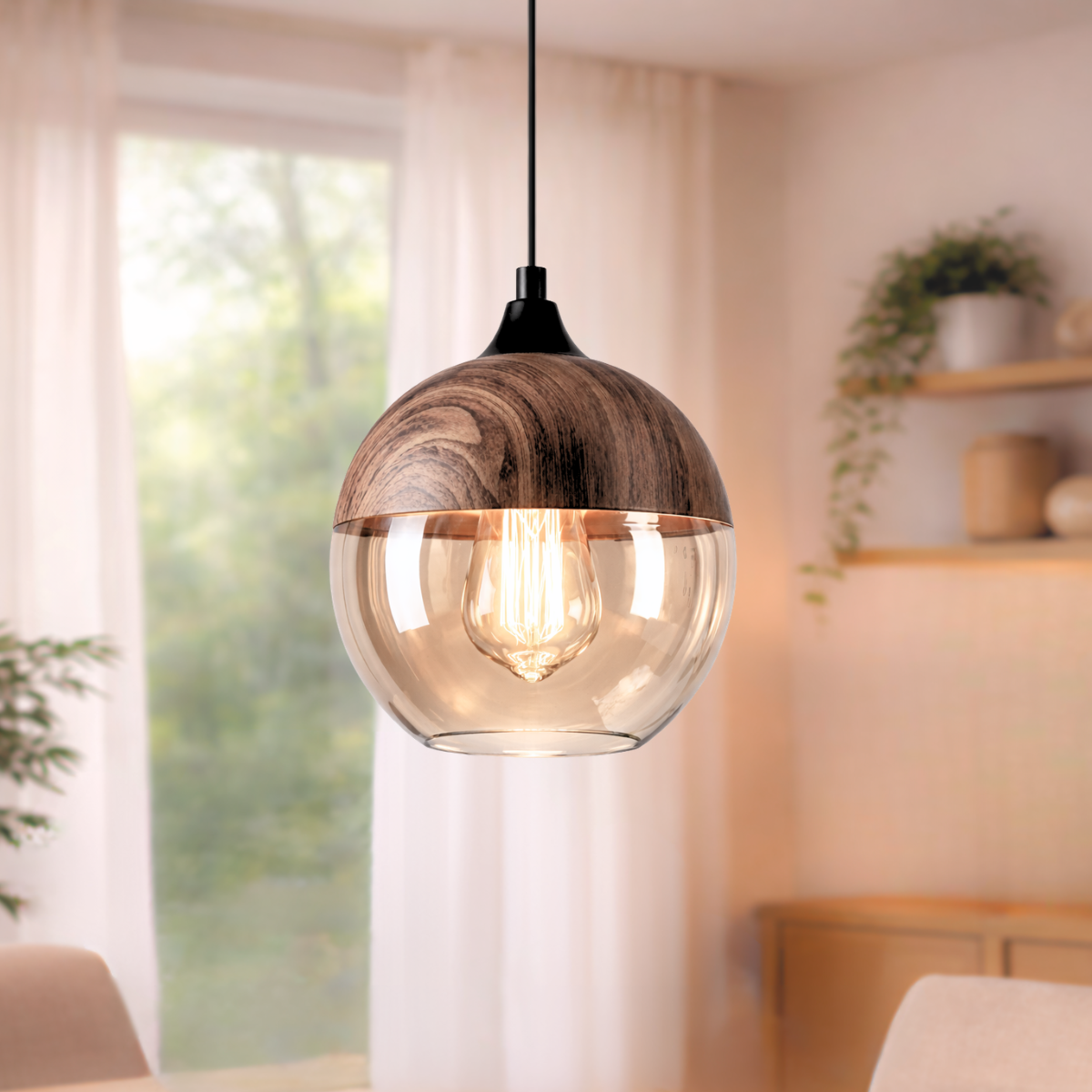 Ver imagem 1 de Lustre Pendente 24cm Globo Vidro Âmbar Metal Madeira Luminária Teto Gimpo Kjdde-265