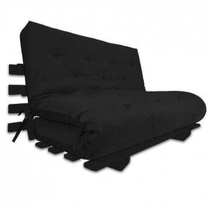 Sofá Cama Casal Futon Oriental Preto com Madeira Preta