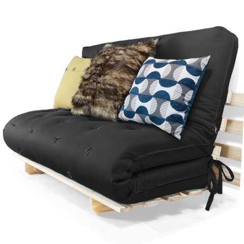 Sofá Cama Casal Futon Oriental Preto com Madeira Maciça