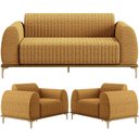 Ver imagem 1 de Kit Sofá 3 Lugares 180cm com 02 Poltronas Molino Base Castanho Pés D'ouro D02 Prime Bouclê Mostarda 