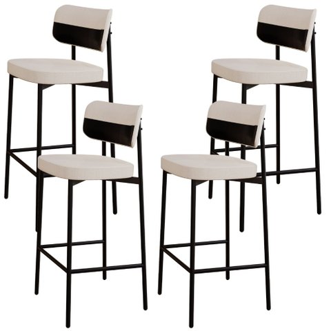 Kit 04 Banquetas Alta Bar Cozinha Sala de Jantar Aço Preto Kaira C01 Linho Palha Courino Preto - Lya