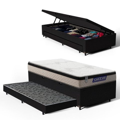 Cama Box Baú com Colchão Gazin de Espuma D33 Pillow In Force Mid + Auxiliar de Espuma Solteiro