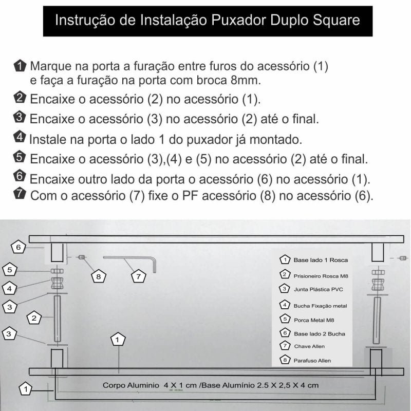 Puxador para portas de vidro/pivotante/madeira/correr Square - 60 - Escovado - 7