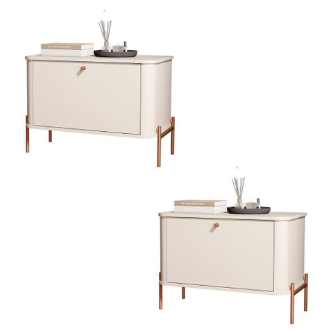 Kit 2 Mesa de Cabeceira Quarto Tucupí 1 Porta e Pés de Metal Off White/bronze