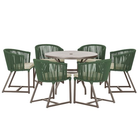 Mesa com 6 Cadeiras de Jantar Roma 120cm e Noronha em Alumínio Marrom Corda Náutica Estofado 7 Trama