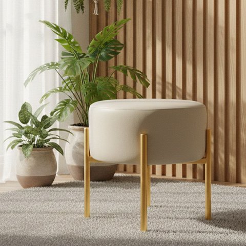 Puff Puff Banqueta Decorativa Industrial Dourado Iron Sintético Pu Bege D03 - D’Rossi
