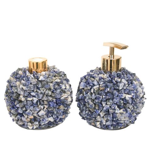 Kit Lavabo Difusor e Saboneteira Pontas de Quartzo Bruto Azul e Dourado