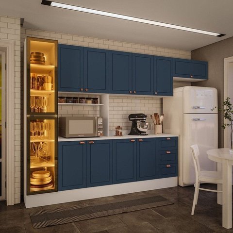Cozinha Pérola com Rodapé Tampo e Cristaleira com LED 5 Peças 320 cm Yescasa Azul
