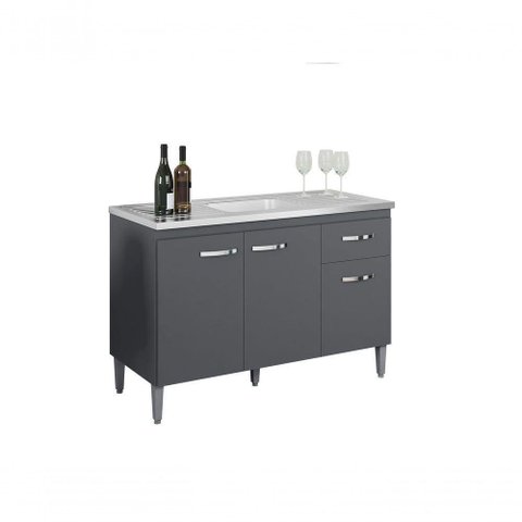 Balcão Gabinete para Pia Gabriela sem Tampo 120cm 3 Portas 1 Gaveta Cinza Fosco