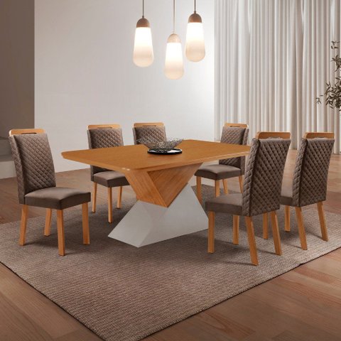 Mesa de Jantar Aster 180cm Tampo MDF Canto Copo Laminado e 6 Cadeiras Lorena