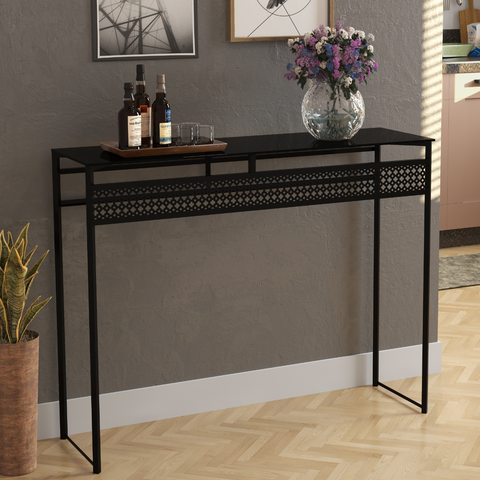 Aparador com Tampo de Vidro Preto Estilo Industrial Luxo