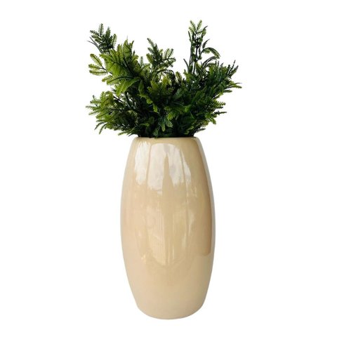 Vaso médio na cor bege liso centro de mesa c/ planta moderna