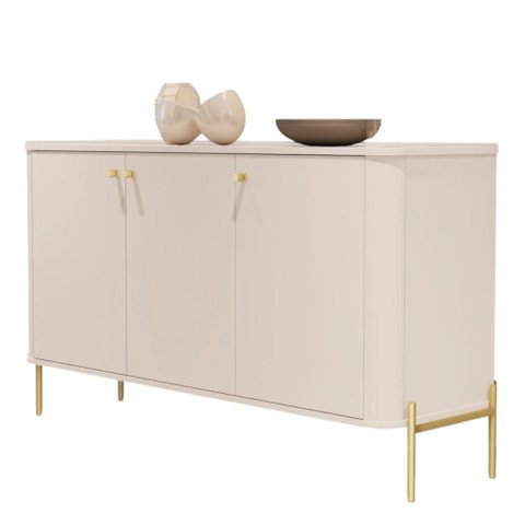 Buffet Aparador para Sala de Estar 3 Portas Pés em Aço - Off White Dourado
