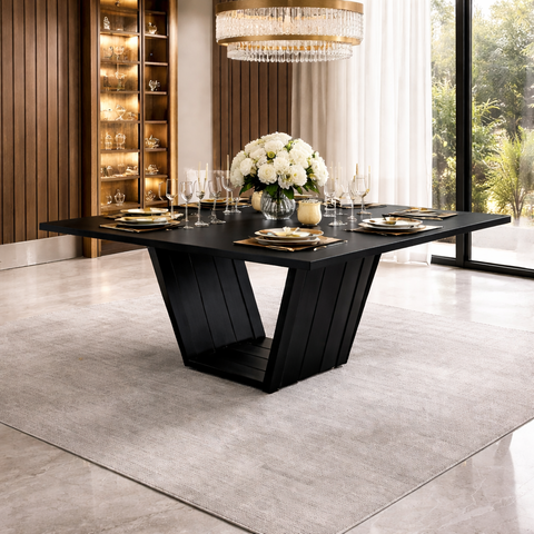 Mesa de Jantar Retangular 160x90 Mdf/vidro para 6 Lugares Pés Madeira Maciça Safira - Preto/preto