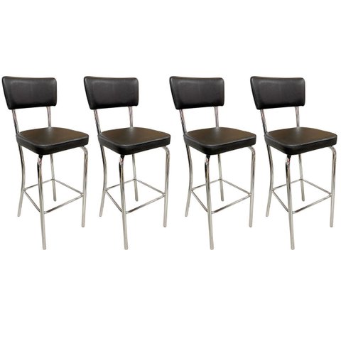 Banqueta Olivia Altura 65cm Bar Cozinha Cromada Assento Grosso Preto Encosto Estofado Kit 4 Peças