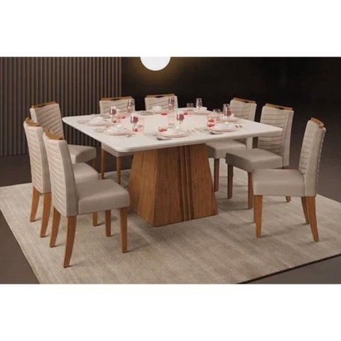 Sala de Jantar Completa Itália Tampo Madeirado C/ Vidro Curvo 136x136cm e 8 Cadeiras Julia Freijo/