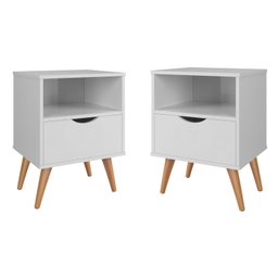 Conjunto 2 Mesa De Cabeceira Estilo Retrô Pés Em Madeira Maciça Grécia:Branco - 1