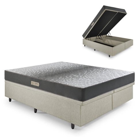 Cama Baú Queen 158x198 Courino Linho Areia com Dual Firm Espuma Ecoflex