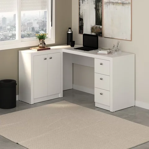 Escrivaninha Mesa Escritório em L com 3 Gavetas e 136cm Armários Me4100