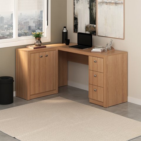 Escrivaninha Mesa Escritório em L com e Armários Me4100 3 Gavetas 136cm
