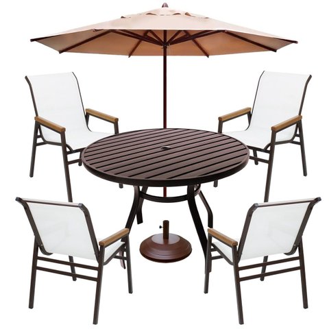 Jogo de Mesa 90cm Ripado + 4 Cadeiras Praia Tela Sling para Jardim Pisicna com Guarda Sol