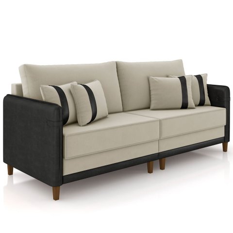 Sofá 3 Lugares Sala de Estar Living 192cm Asbury K01 Veludo Bege Couríssimo Preto - Lyam Decor