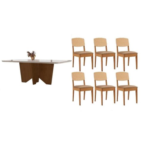Conjunto Sala de Jantar Nevada C/ Tampo Madeirado C/ Vidro Canto Curvo 180x90cm e 6 Cadeiras Havana