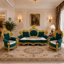 Ver imagem 2 de Jogo de Sofá Clássico com Par de Poltronas Verde com Dourado 147x225x87cm e para Sala de Estar