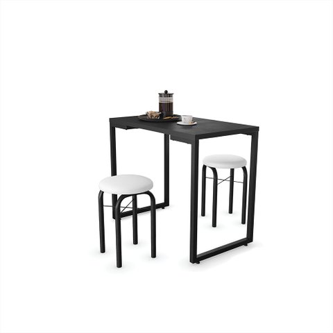 Mesa de Cozinha Porto Preto 90 cm com 02 Banquetas Manu Corino Branco - D’Rossi