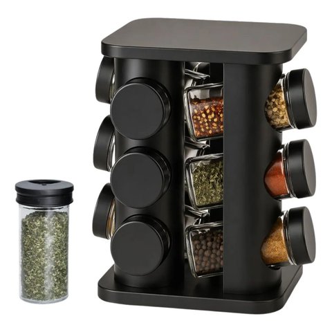 Porta Condimentos Giratório 12 Potes de Vidro Inox Preto Quadrado