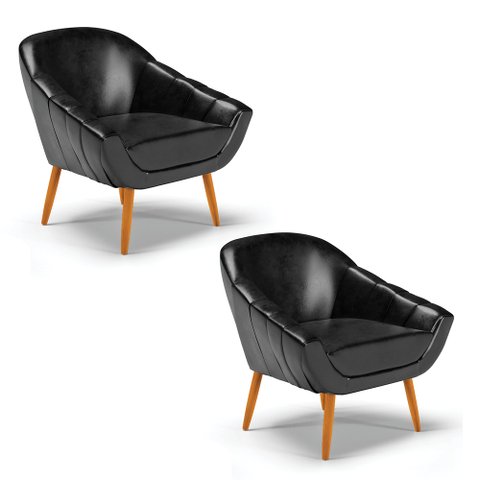 Kit 2 Poltronas Giovana Corano Preto Pés Palito Castanho - D'Rossi