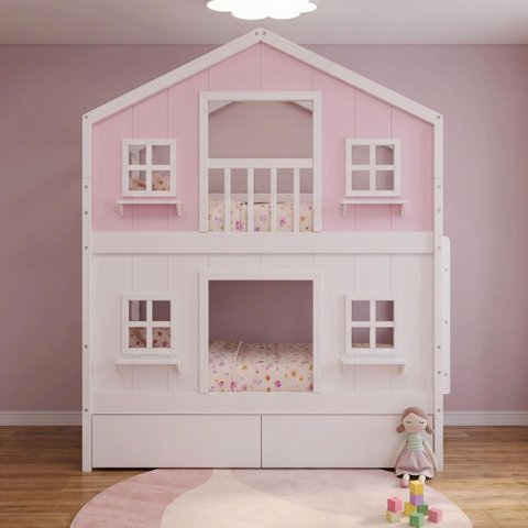 Beliche Infantil Casinha Dos Sonhos com Gavetas e Fechamento Inferior Branco em Madeira Maciça Rosa