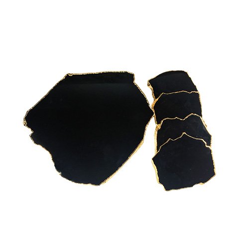 Bandeja De Obsidiana + Porta Copos Banho Dourado