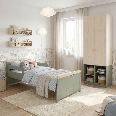 Quarto Infantil Cama com Grades Petit e Guarda Roupa Curió 2 Portas Casatema MadeiraOriginals Verde