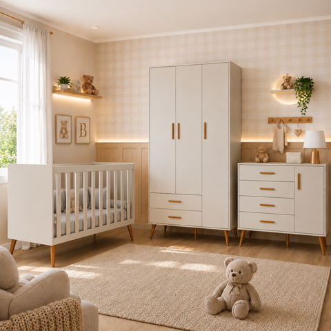 Quarto Completo Isis para Bebê Berço 2 em 1 Guarda-Roupa 3 Portas Cômoda Sapateira 100% MDF