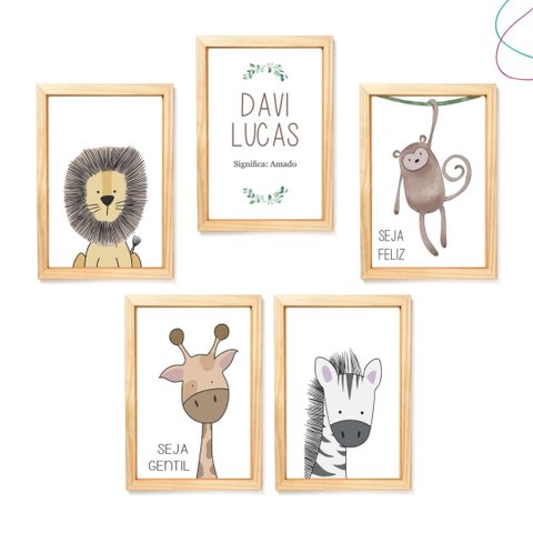Kit 5 Quadros Decorativos Infantil Safari com Moldura:pinus