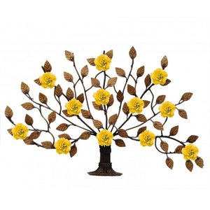 Árvore de Parede Ferro e Lata Artesanal Rústico com Flores - Amarelo