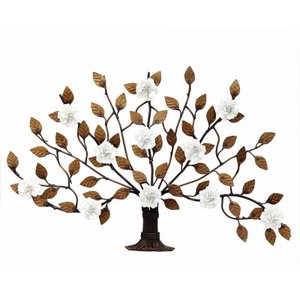 Árvore de Parede Ferro e Lata Artesanal Rústico com Flores - Branco