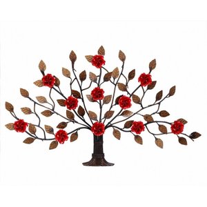 Árvore de Parede Ferro e Lata Artesanal Rústico com Flores - Vermelho Escuro
