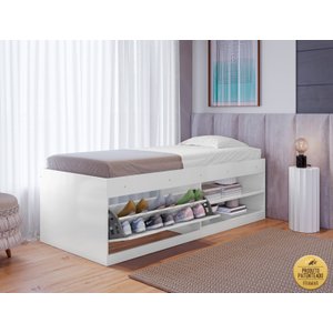 Cama Solteiro com Sapateira e Nicho para Organização e Armazenamento Prática Vanessa Framar Branca