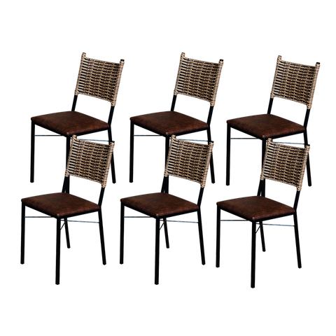 Kit 6 Cadeiras Para Cozinha Preta Ratan Cappuccino Assento Estofado - Marrom