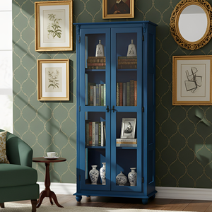 Cristaleira Colonial de Madeira 2 Portas com Pés Torneados - Azul Bic Laca