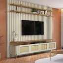 Ver imagem 1 de Rack com Painel Ripado e Prateleira para Sala Bend Smart 240cm MDF Louro e Luna com Dourado Casa Lar
